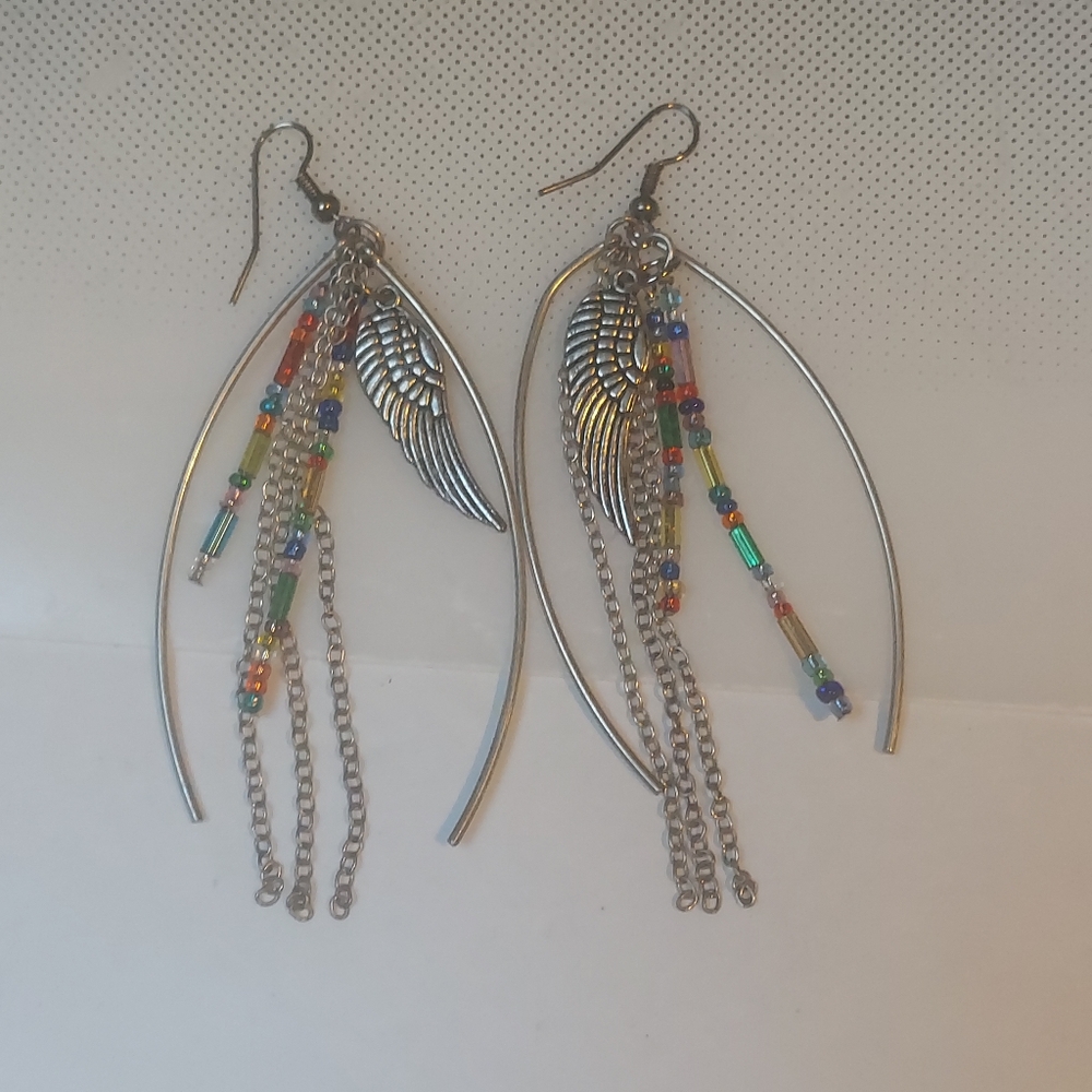 Silver Winged Multicolor Beaded Chain Earrings